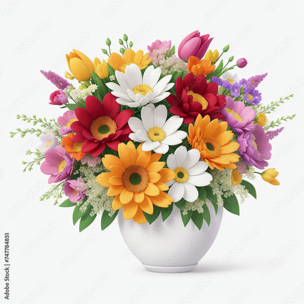 A modern twist on a traditional floral vase, with bold and abstract flowers rendered in a digital collage style, creating a dynamic and eye-catching image, white background
