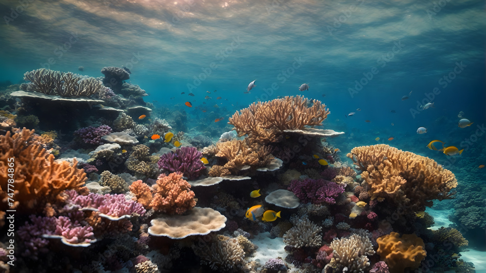 Fototapeta premium The symphony of coral reefs and colorful fishes