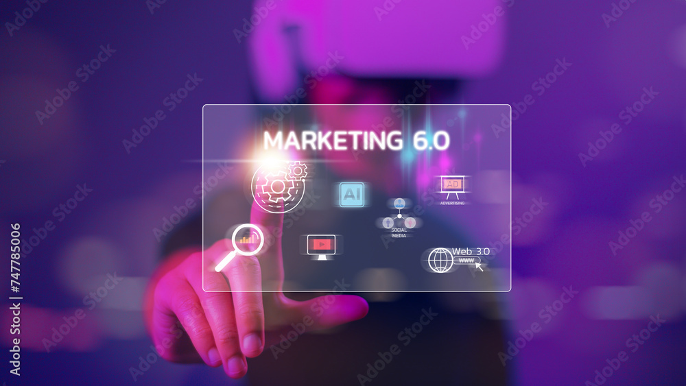 Marketing 6.0 concept. Women wearing virtual reality glasses use Digital AI Artificial intelligence technology communication networks. Business IoT Internet of Things big data.
