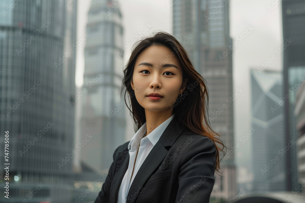 confident asian businesswoman standing proud, tall grey skyscrapers in a large city as background, dynamic and powerful woman in the corporate world concept confident asian businesswoman standing proud, tall grey skyscrapers in a large city as background, dynamic and powerful woman in the corporate world concept