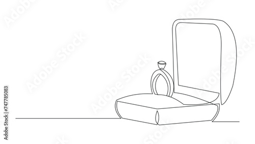Continuous single line sketch drawing of wedding couple rings in elegant box. One line art of engagement and love marriage symbol vector illustration