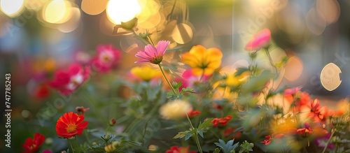 A group of assorted colorful flowers scattered in the green grass of a city flower bed. Selective focus on the flowers in the foreground with a blurred background.