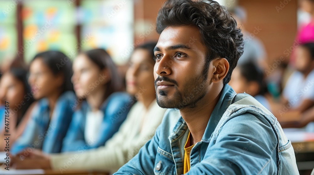 Multiethnic Indian Man Acquiring New Academic Skills in Classroom with Other People. Formal Adult Learning Activity, Undertaken by Diverse Mature Students After Finishing School and College. Multiethnic Indian Man Acquiring New Academic Skills in Classroom with Other People. Formal Adult Learning Activity, Undertaken by Diverse Mature Students After Finishing School and College.