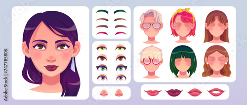 Young woman face construction set isolated on white background. Vector cartoon illustration of female character avatar design elements, head, hairstyles, color eyes, eyebrows, smiling and sad lips
