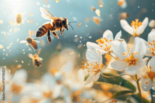 Flying honey bee collecting pollen at yellow flower. Bee flying over the yellow flower in blur background ,detail of honeybee in Latin Apis Mellifera, european or western honey bee sitting
