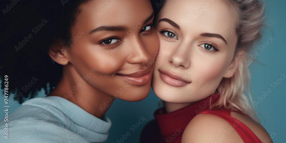 Two beautiful women posing for picture, suitable for lifestyle and friendship themes Two beautiful women posing for picture, suitable for lifestyle and friendship themes