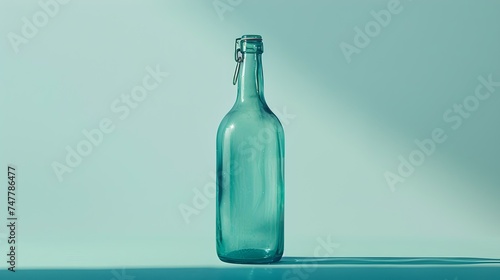 Transparent glass bottle on a calm blue background. minimalist product presentation. ideal for modern advertising. simple yet impactful composition. AI