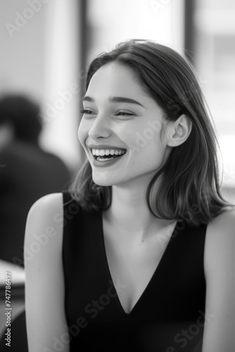 Free Download Woman smiling in chair, suitable for lifestyle concepts - GFXLoad
