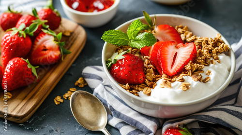 Healthy breakfast option with granola, strawberries, and yogurt