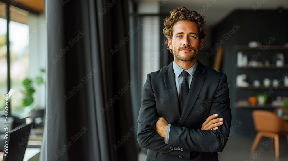 Adult successful confident employee business man corporate lawyer wear classic formal black suit shirt tie work in office.