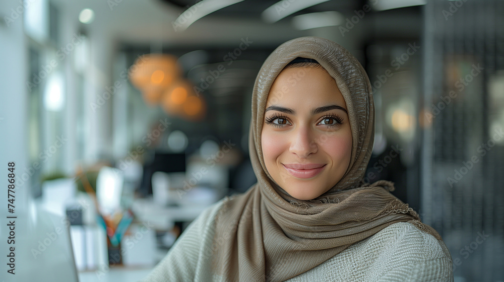Smiling portrait of a businesswoman of arab descent wearing a hijab working on desk in a modern business office tower. Smiling portrait of a businesswoman of arab descent wearing a hijab working on desk in a modern business office tower.