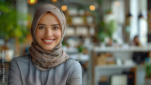 Smiling portrait of a businesswoman of arab descent wearing a hijab working on desk in a modern business office tower.