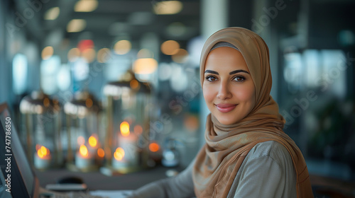 Smiling portrait of a businesswoman of arab descent wearing a hijab working on desk in a modern business office tower.