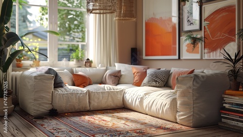 Sunlit cozy living room with comfortable sofa and vibrant interior design, a peaceful retreat