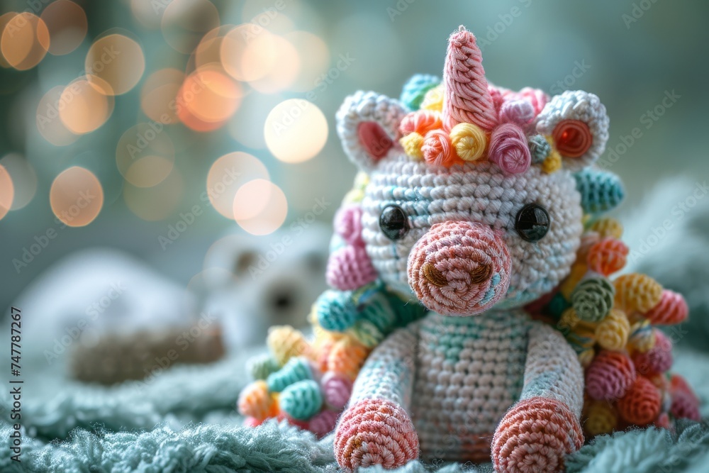 Cozy amigurumi unicorn adorned with floral rosettes, resting on a soft blanket with bokeh lights.