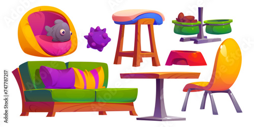 Dog and cat friendly cafe furniture and equipment. Cartoon set of cafeteria chair, table and sofa with pillows, feeding bowls, bed and toys for pets. public place for eat and rest with domestic animal
