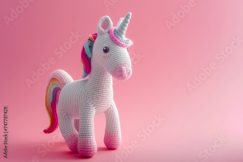 Adorable white crocheted amigurumi unicorn toy with a sparkly horn and colorful mane on pink background. © kraphix