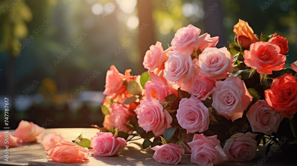 Fototapeta premium Beautiful roses bouquet outdoors