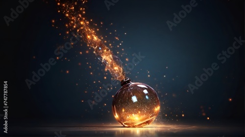 Celebration dark background with a sphere and yellow shinning flare, Christmas and party background, , AI generated