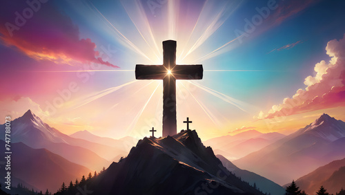 Silhouettes of cross on top mountain with bright sunbeam photo