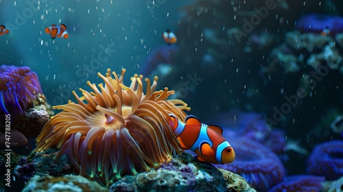 Vibrant underwater seascape with clownfish, aquatic wildlife photography designed for eco awareness. stunning ocean imagery. AI