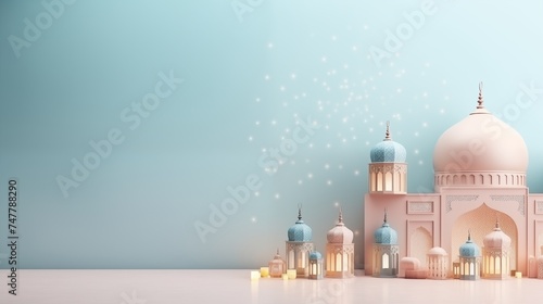 Ramadan kareem and eid fitr islamic concept background lantern illustration with mosque for wallpaper, poster, greeting card and flyer. photo