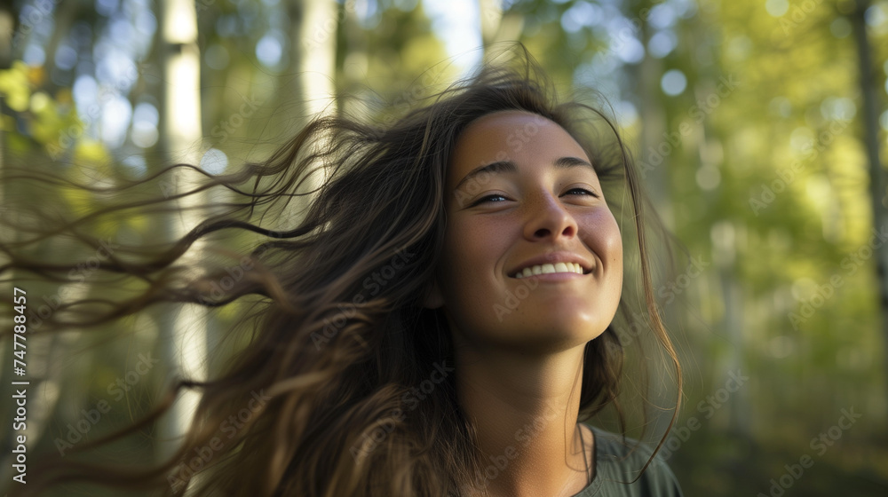 Alone Young woman with long fluttering hair express emotions in forest. Alone Young woman with long fluttering hair express emotions in forest.