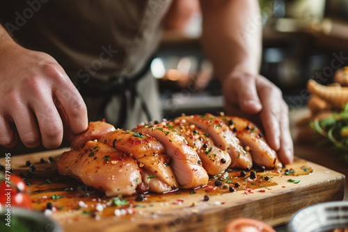 Close-up of chef hands cooking chicken fillet on wooden board
