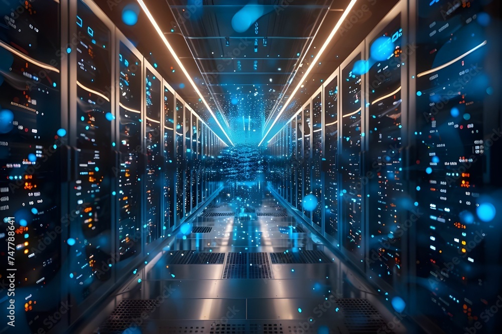Obraz premium Futuristic Server Room with Glowing Data Streams Ai generated 