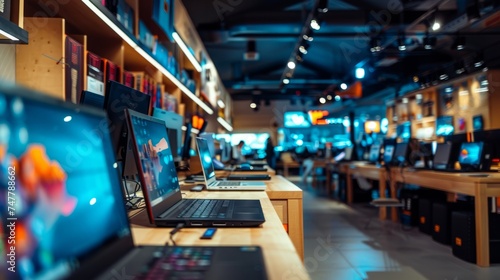 Spooky modern electronics store showcasing laptops and gadgets galore for tech enthusiasts