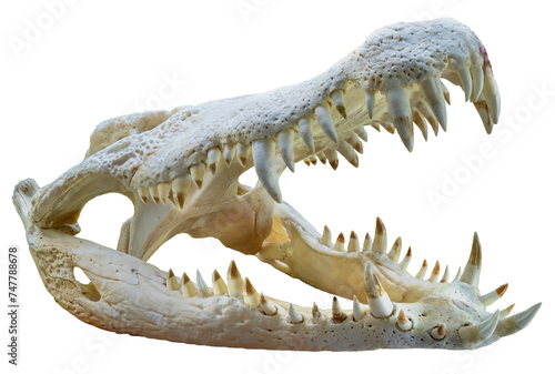 Fotografie Crocodile skull with sharp fangs isolated on white background, Crocodile or Alligator skull isolated on white background PNG File