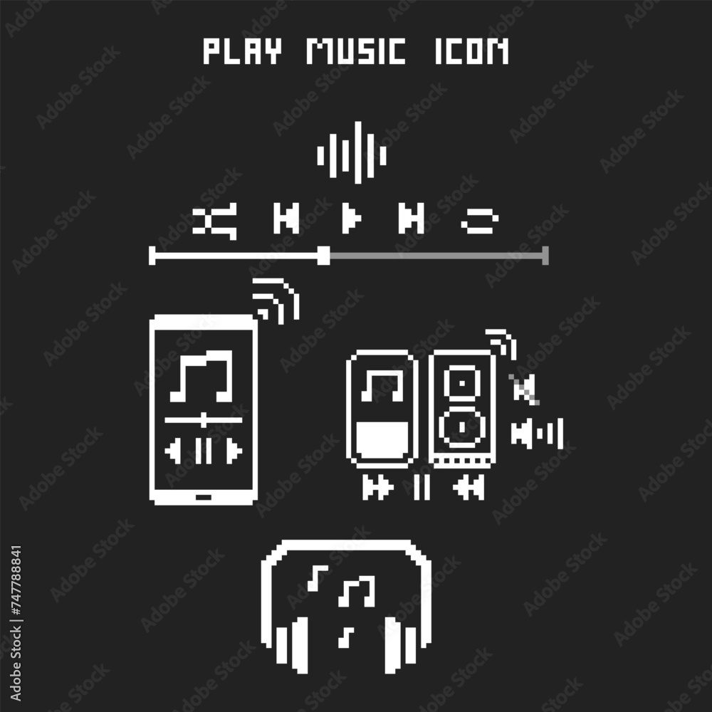 Obraz premium this is play music icon in pixel art with white color and black background ,this item good for presentations,stickers, icons, t shirt design,game asset,logo and your project.