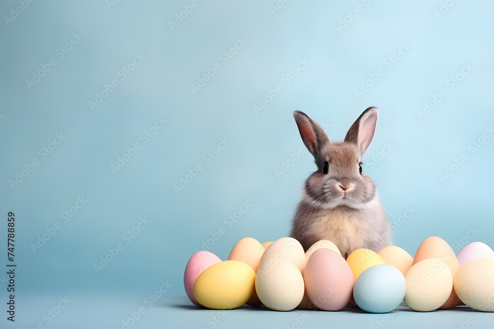 Obraz premium Small brown bunny with pastel colored easter eggs on side of blue background with copy space