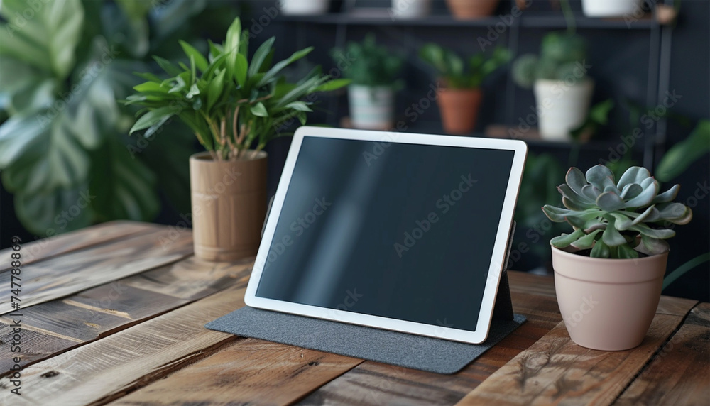 Tablet mockup with a blank screen standing on a brown table with a few plants Tablet mockup with a blank screen standing on a brown table with a few plants