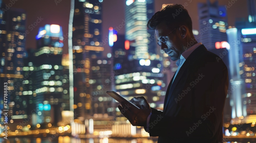 Businessman using digital pad in office with night city skyline background - modern business technology concept