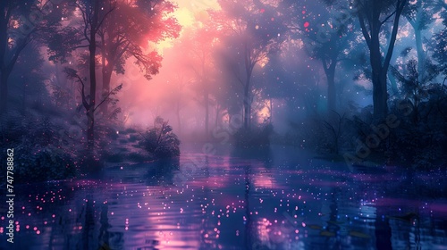 Mystical forest at twilight with ethereal lights and reflective water. surreal nature scenery ideal for backgrounds and concept art. AI