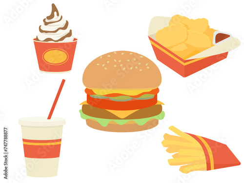 ハンバーガーとポテトやナゲットなどのイラスト