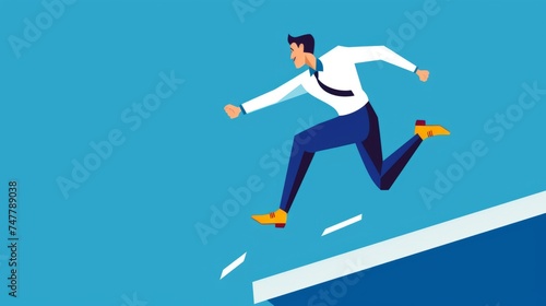 Businessman leaping towards success: ambitious strive for career achievement and competitive victory, vector illustration