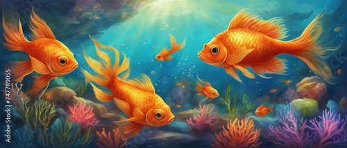 Goldfishes swimming in the sea.