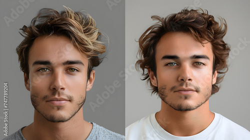 Young man before and after hair loss treatment on grey background photo