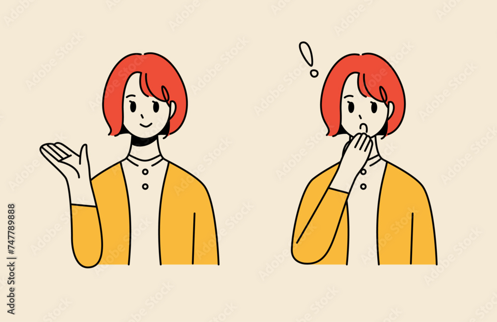Illustration set of a woman with a guiding pose and a surprised expression Illustration set of a woman with a guiding pose and a surprised expression