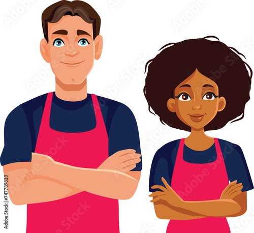 Couple of a Restaurant Employees with Arms Crossed Vector Illustration. Waiter and waitress standing proud doing his job
