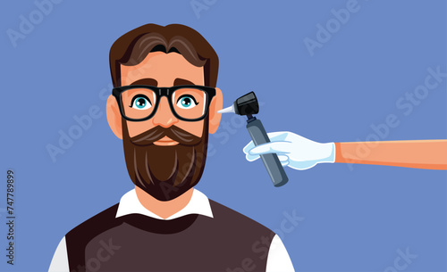Adult Man Having During Ear Examination Procedure Vector Illustration. Medical testing and treatment of ear after a checkup
