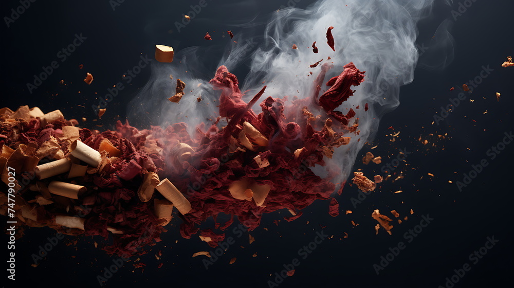 smokes from a cigarette sitting on a dark background. Generative AI - obrazy, fototapety, plakaty 