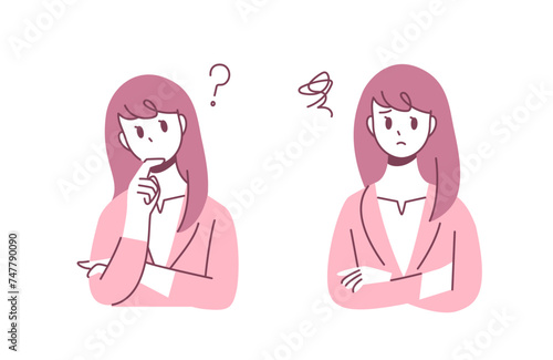 Illustration 2 pose set of a woman with a doubtful and troubled expression