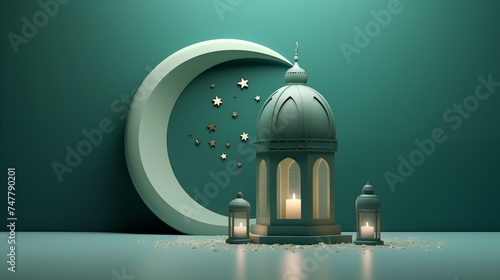 Green lantern and crescent moon, Ramadan kareem and eid fitr islamic concept background illustration for wallpaper, poster, greeting card and flyer.