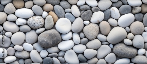 A close up view of a cluster of white round stones, showcasing their unique textures and patterns. The rocks vary in size and shape, forming an interesting composition. photo