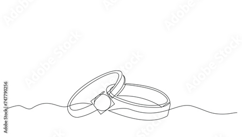 Continuous single line sketch drawing of wedding couple rings. One line art of engagement and love marriage symbol vector illustration