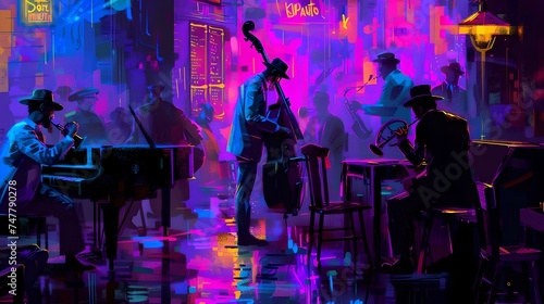 Jazz club scene illustration with musicians and audience. neon lights, vivid colors create a retro atmosphere. perfect for music themed projects. AI photo