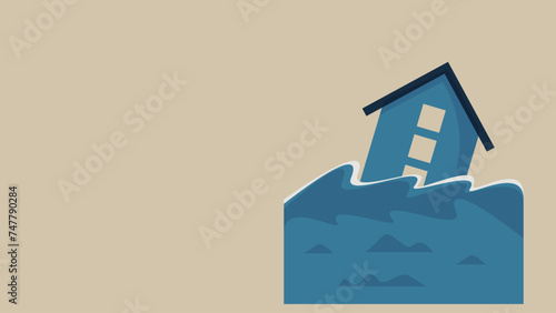 Flood vector illustration. House is being washed away by floods.